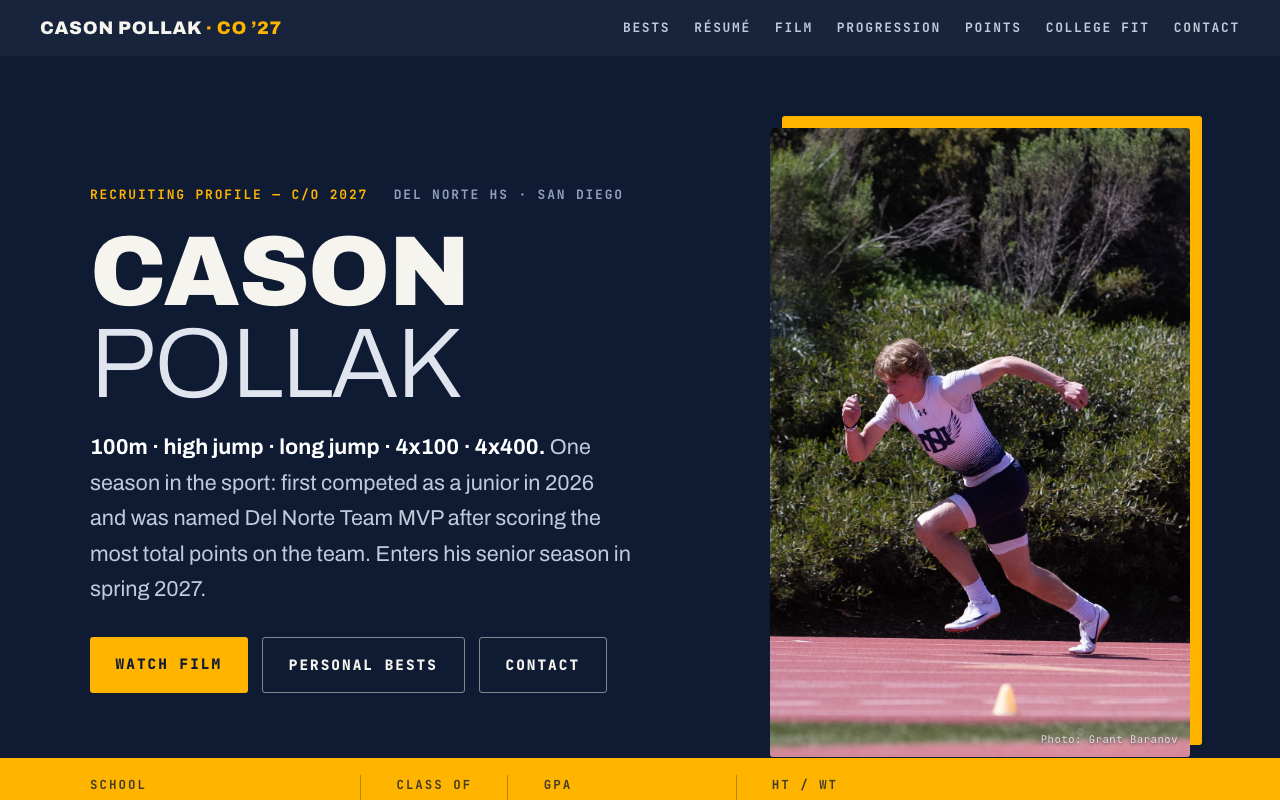 Cason Pollak recruiting profile homepage showing hero section with athlete photo, personal bests, and navigation