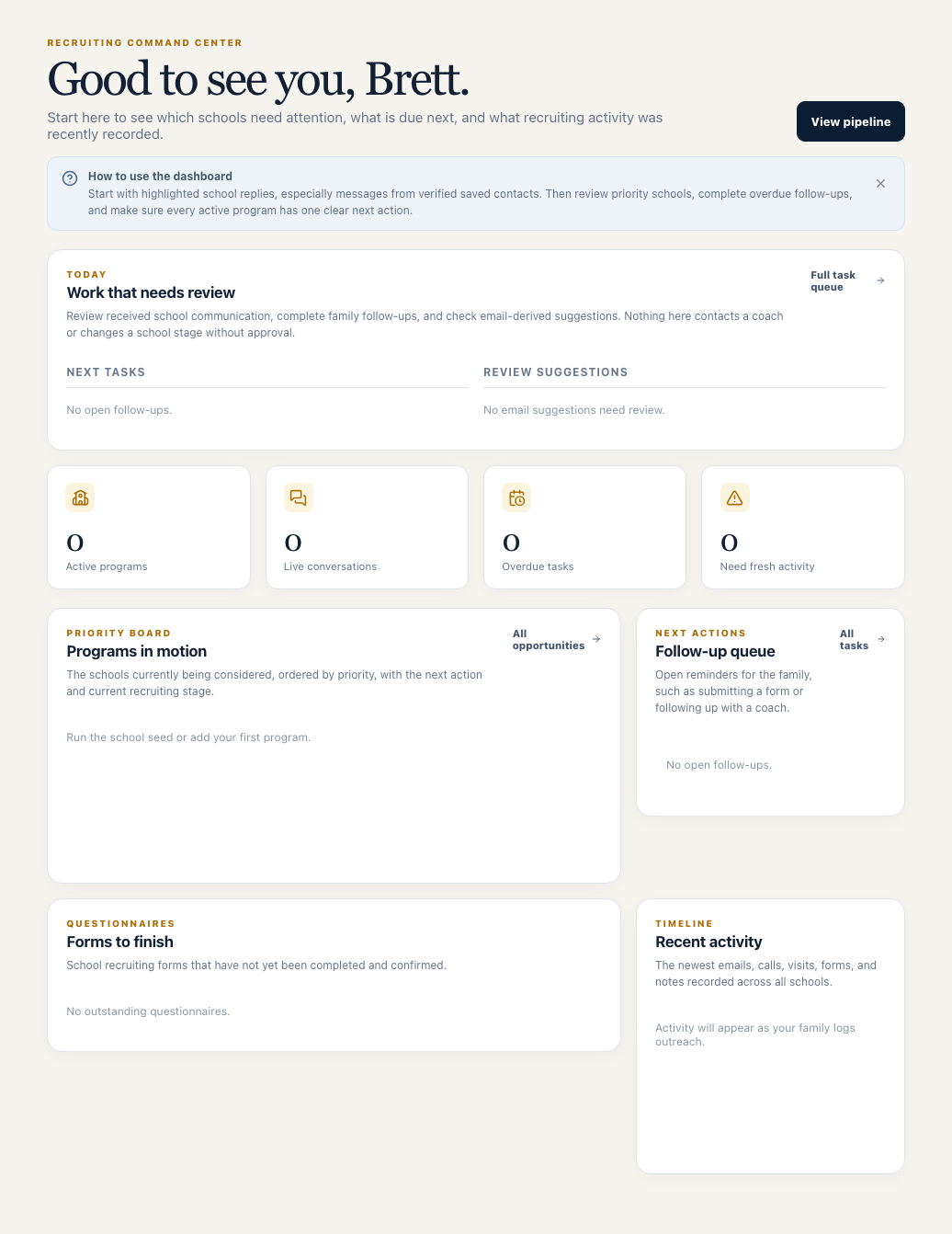 Cason Recruiting CRM dashboard showing follow-ups, priority programs, and recruiting activity