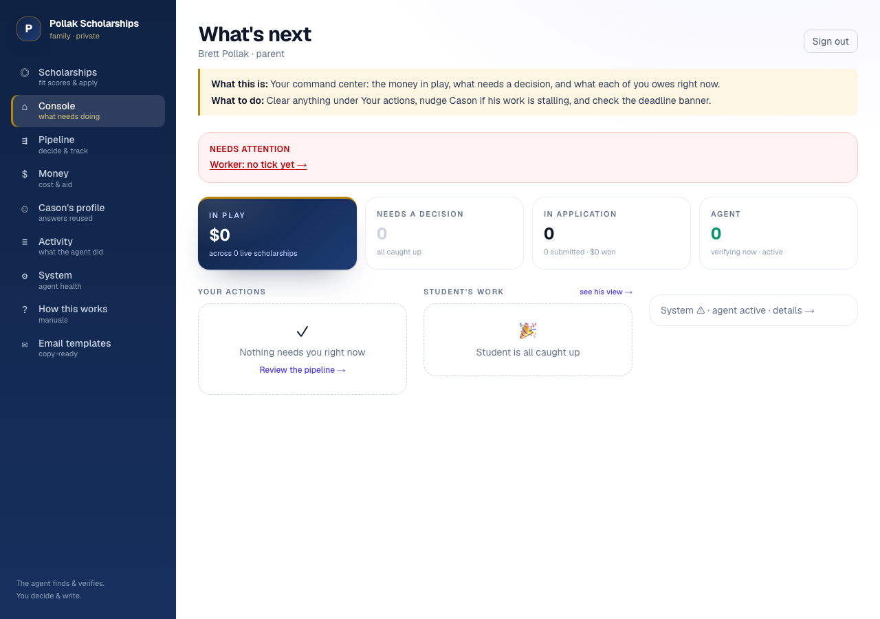Scholarship Agent parent console showing application totals and action queues