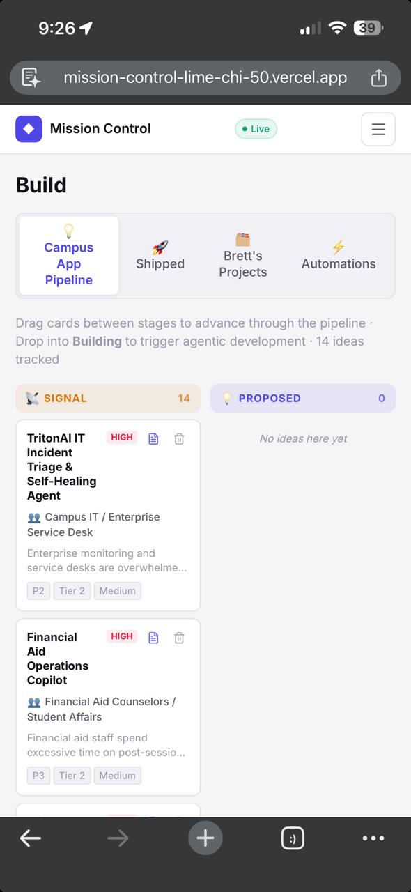 Mission Control Build / Campus App Pipeline view
